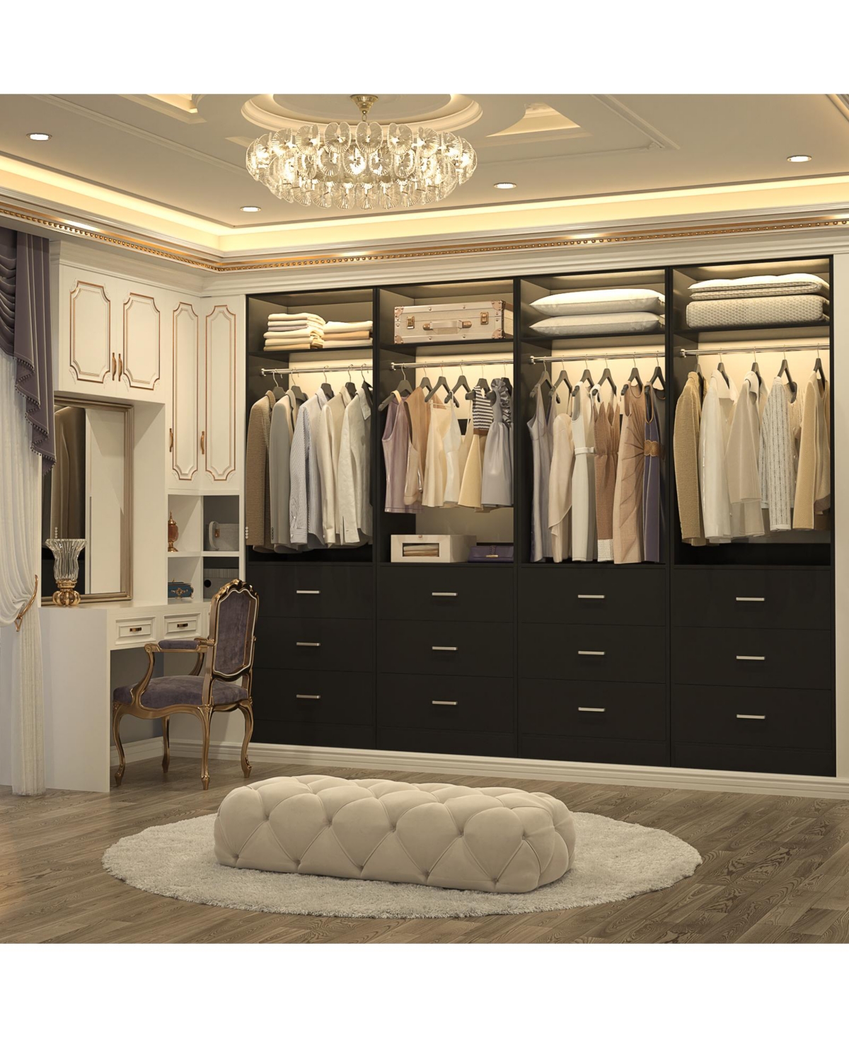 Freestanding 2FT Closet System with 3 Wooden Drawers, 24'' Organizer Hanging Rod & Shelves