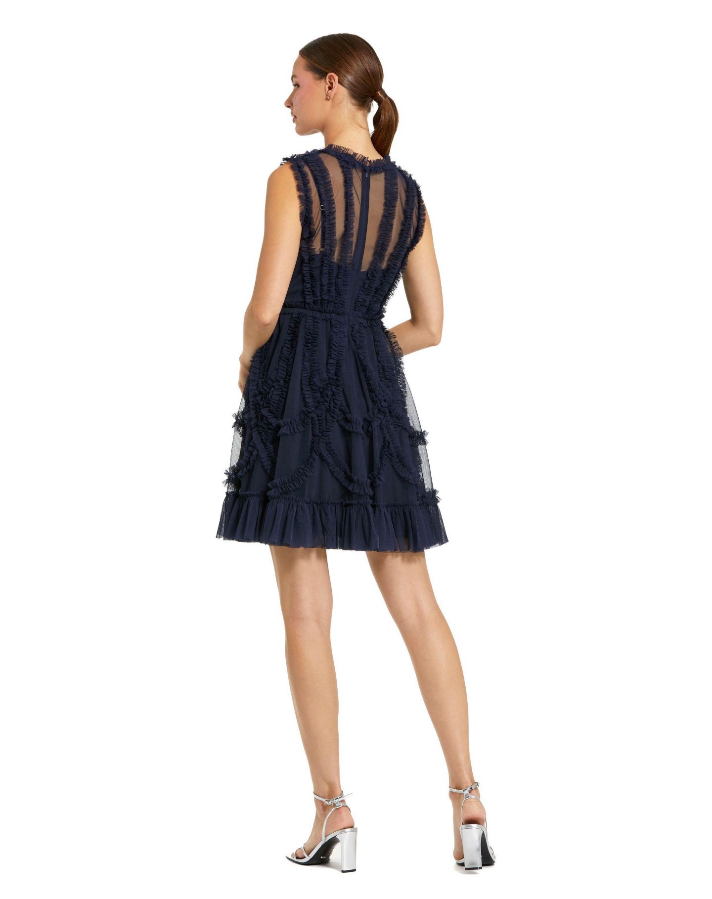 Женское платье Mac Duggal Mesh Micro Ruffle High Neck Mini, цвет: Индиго — фото 2