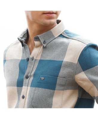 Men's Azure Blue & Off-White Buffalo-Woven Regular Shirt