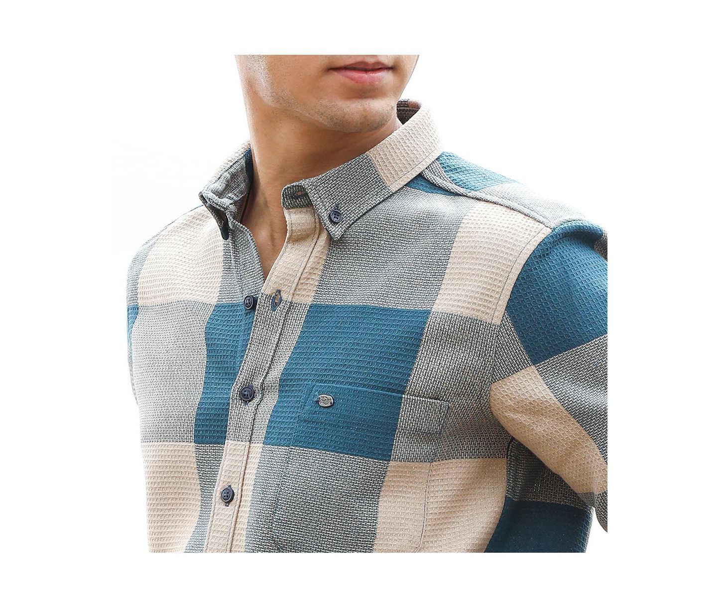 Мужская рубашка Cahoot Campus Sutra Azure Blue & Off-White Buffalo-Woven Regular, цвет: Синий — фото 5