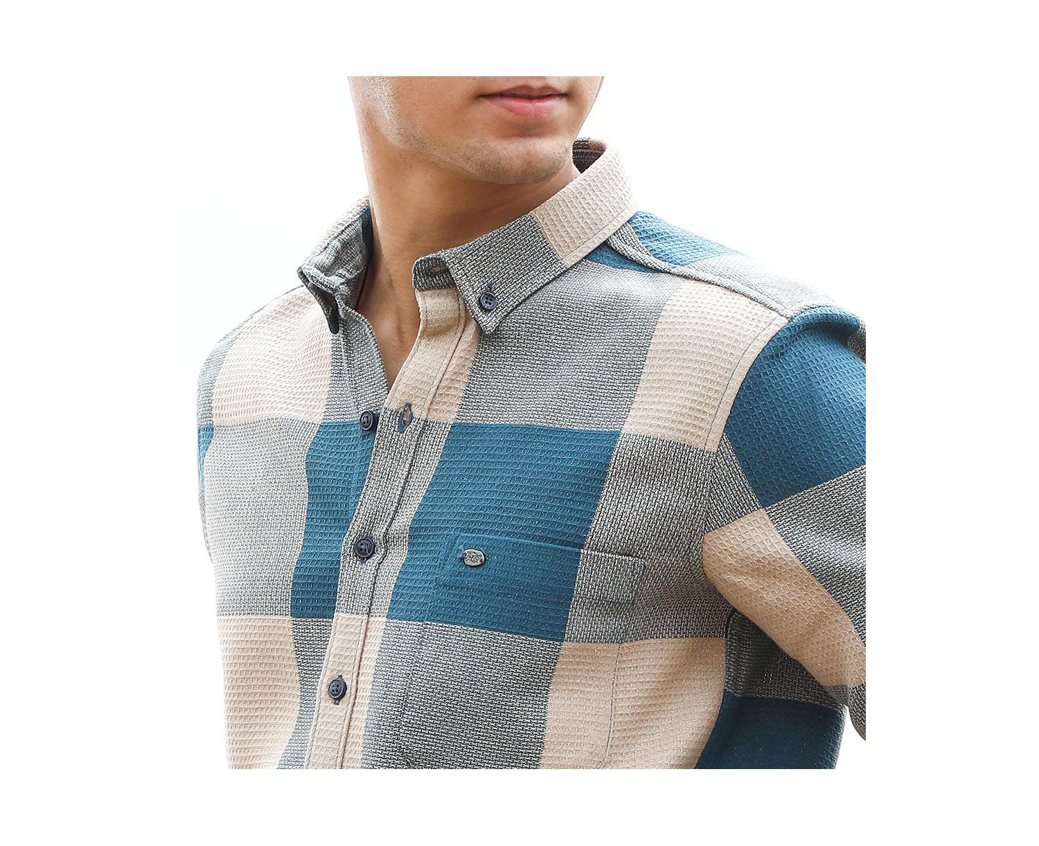 Men's Azure Blue & Off-White Buffalo-Woven Regular Shirt