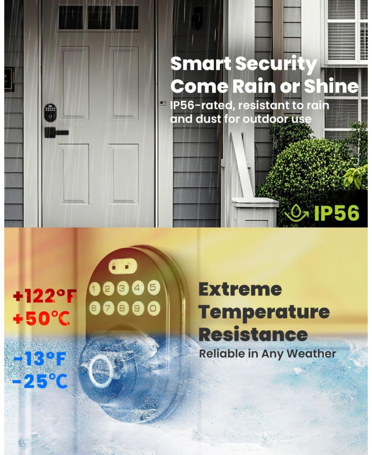 Keyless-Entry No-App Deadbolt Smart Lock with Fingerprint, Keypad, 2 Keys, Auto-Lock, IP56 Waterproof, Black