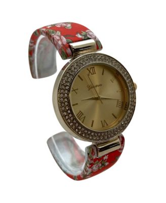 Red Floral Printed Soft Band Bangle Women Watch