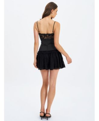 Women's Umra Black Contrast Lace Sweetheart Gathered Mini Dress