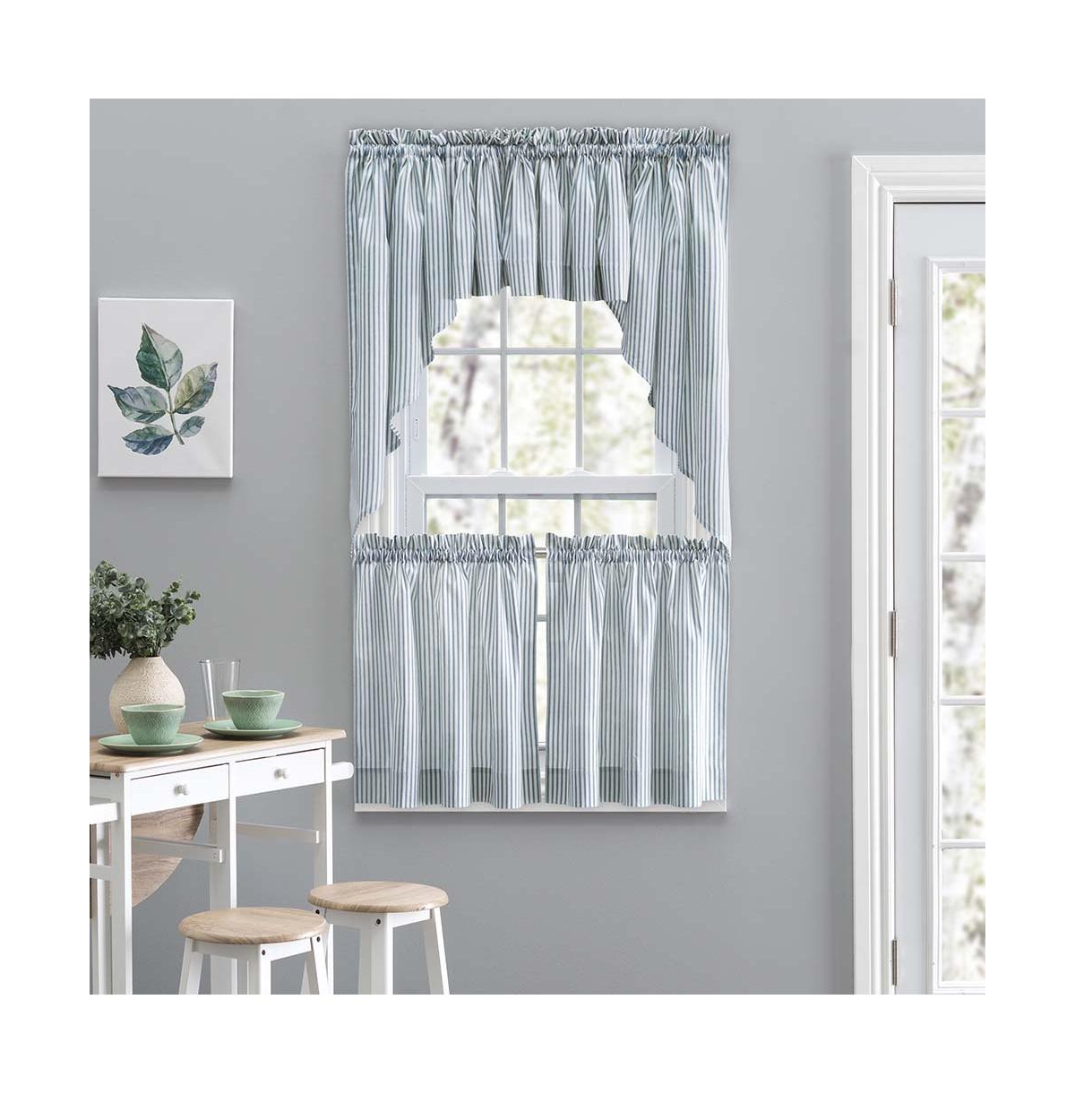 Ellis Curtain Plaza Classic Ticking Stripe Printed on Natural Ground 1.5" Rod Pocket Tailored Tiers 56" x 36" Blue