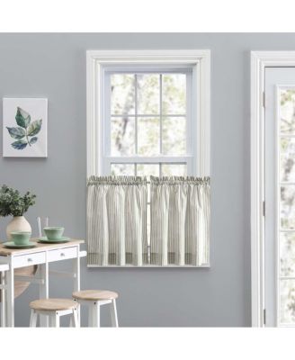 Plaza Classic Ticking Stripe Printed on Natural Ground 1.5" Rod Pocket Tailored Tiers 56" x 36"  Sage