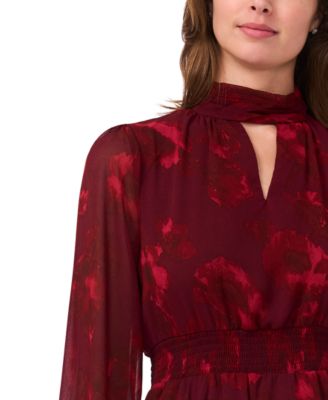 Women's Long-Sleeve Keyhole Mock Neck Tiered Maxi Dress