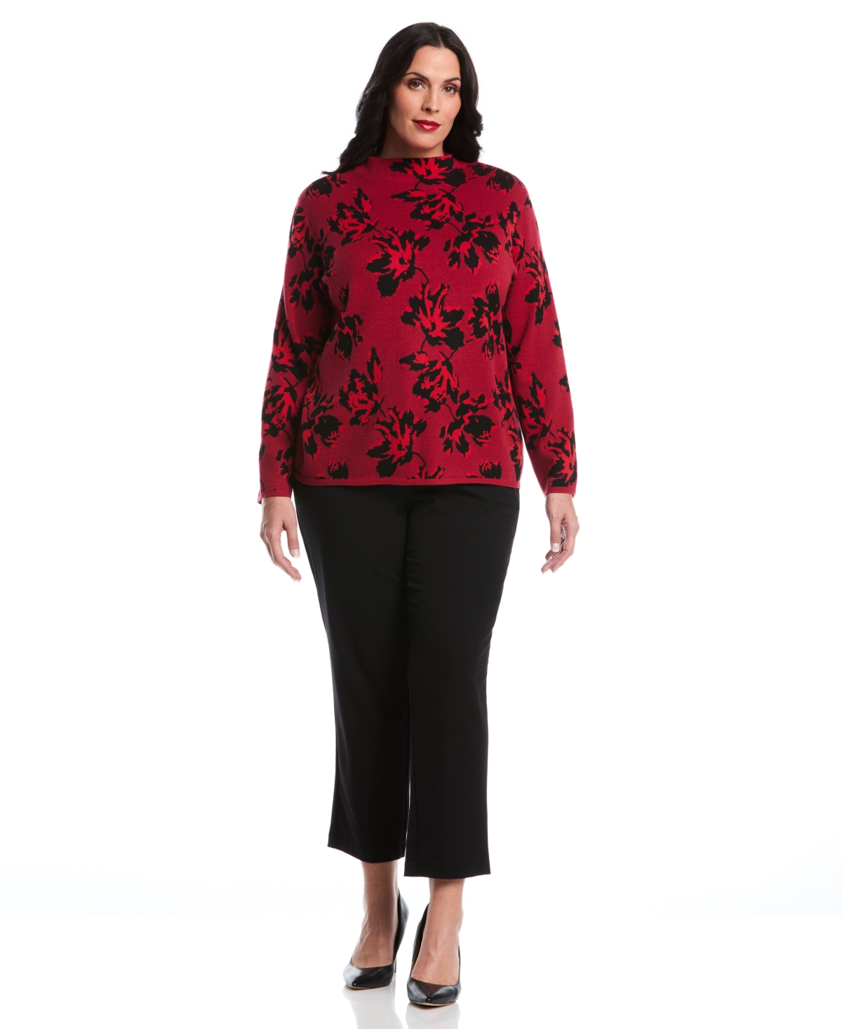 Rafaella Women's Plus Size Floral Print Mock Neck Long Sleeve Sweater In Red