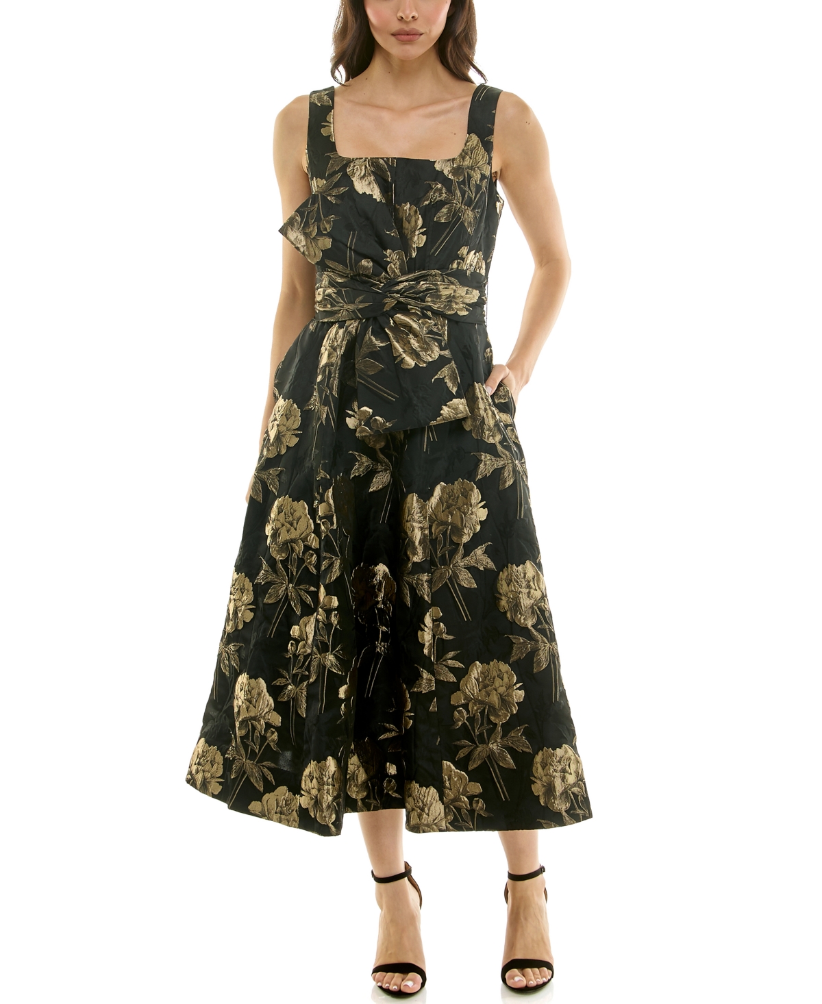 Taylor Women's Square Neck Jacquard Midi Dress with Bow