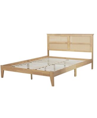 Queen Upholstered Bed Frame with Rattan Headboard and Support Feet, Wooden Frame Queen Size Platform Bed, No Box Spring Needed