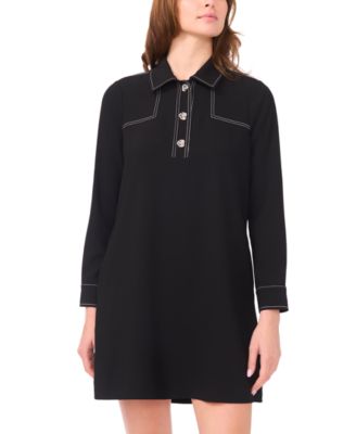 Women's Contrast Stitching & Buttons Long-Sleeve Dress