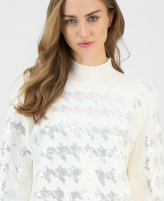 Anne Klein Petite Sequin Houndstooth Mock-Neck Sweater 