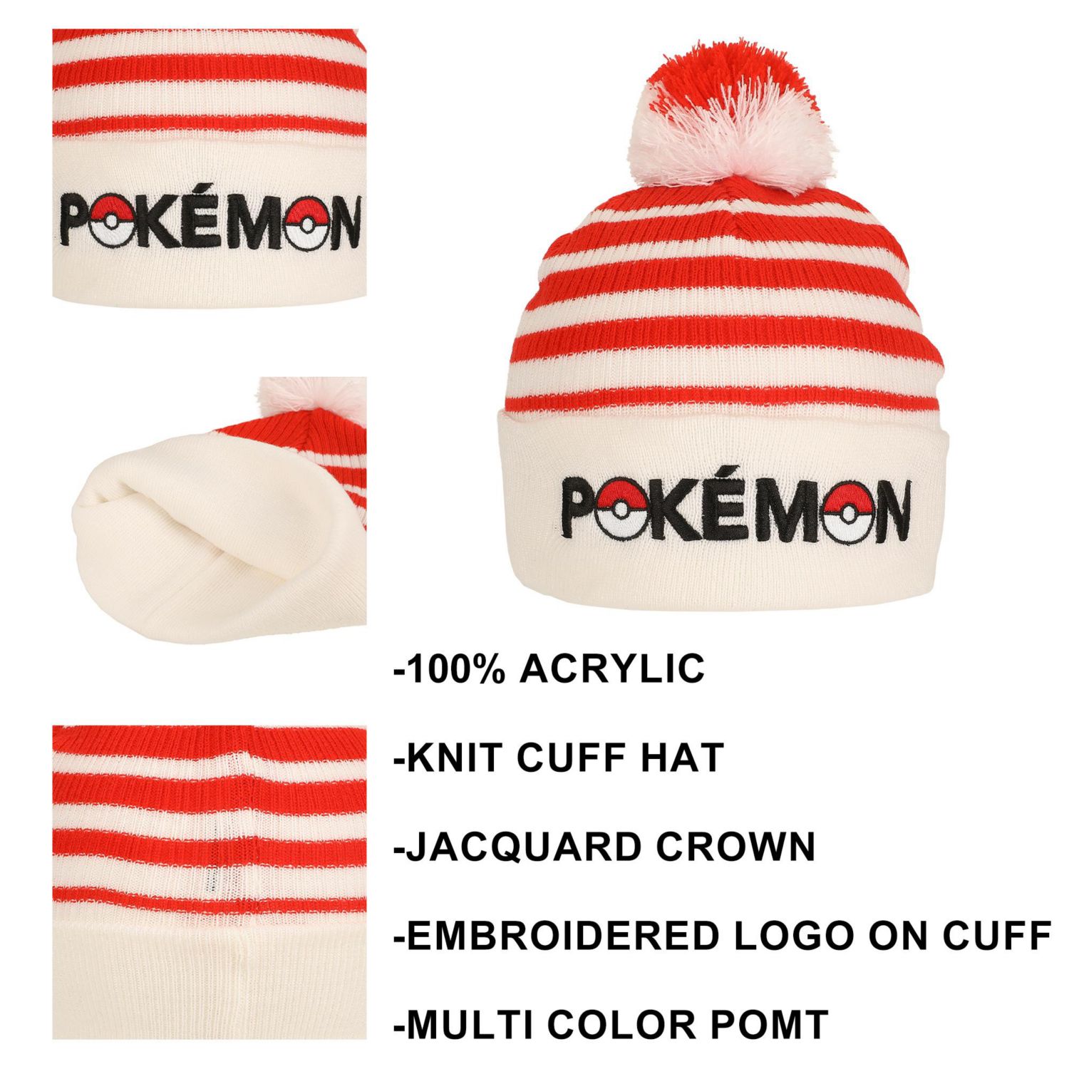 Men's Pokeball Plush Pom, Red And White Stripes Cuff Beanie