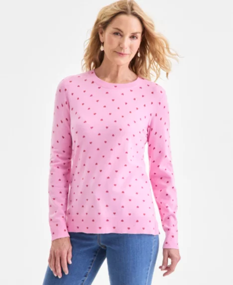 Petite Printed Crewneck Pull-On Sweater - Pink Focus Combo