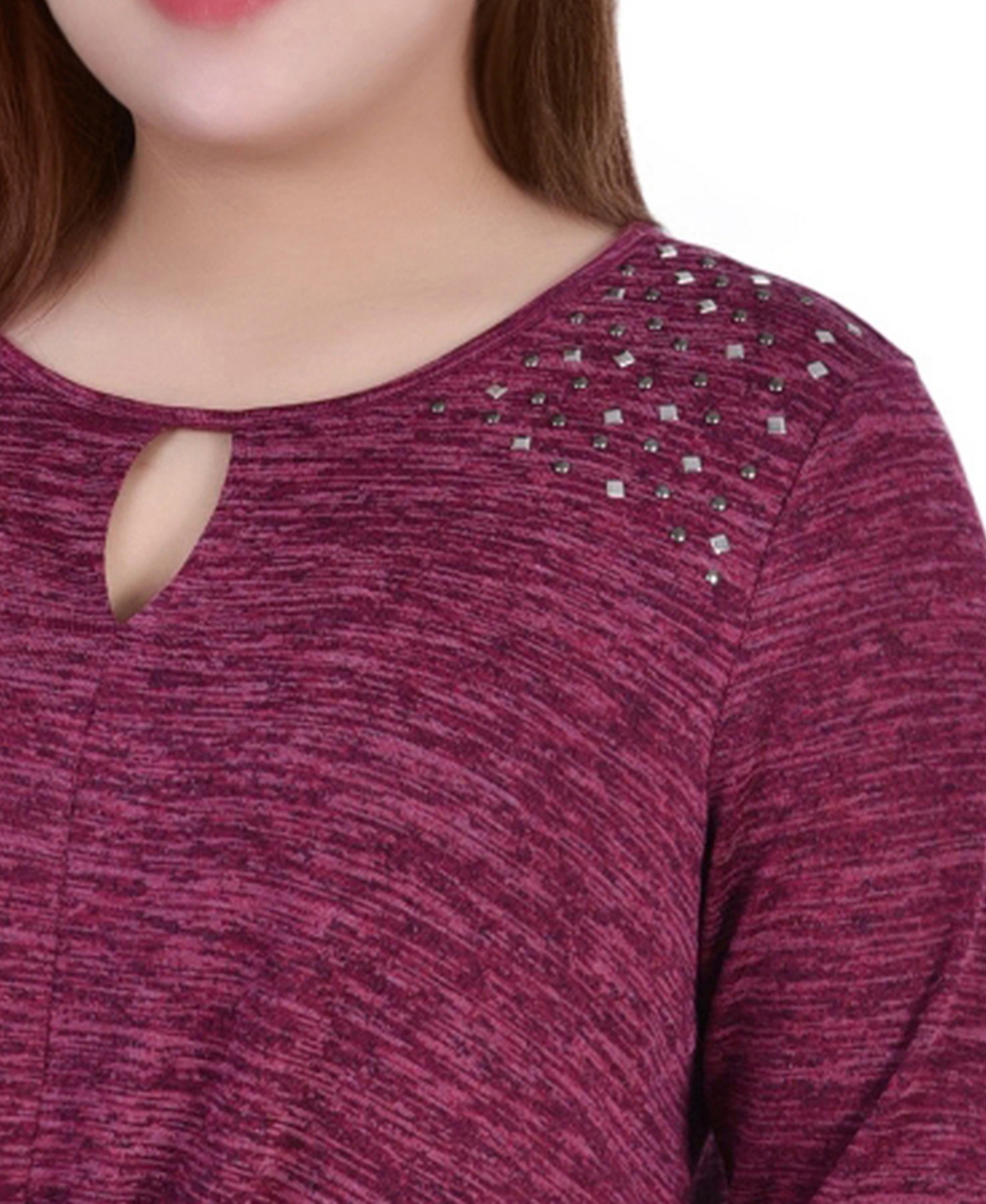 Ny Collection Women's Plus Size Long Sleeve Knit Keyhole Top In Burgundy