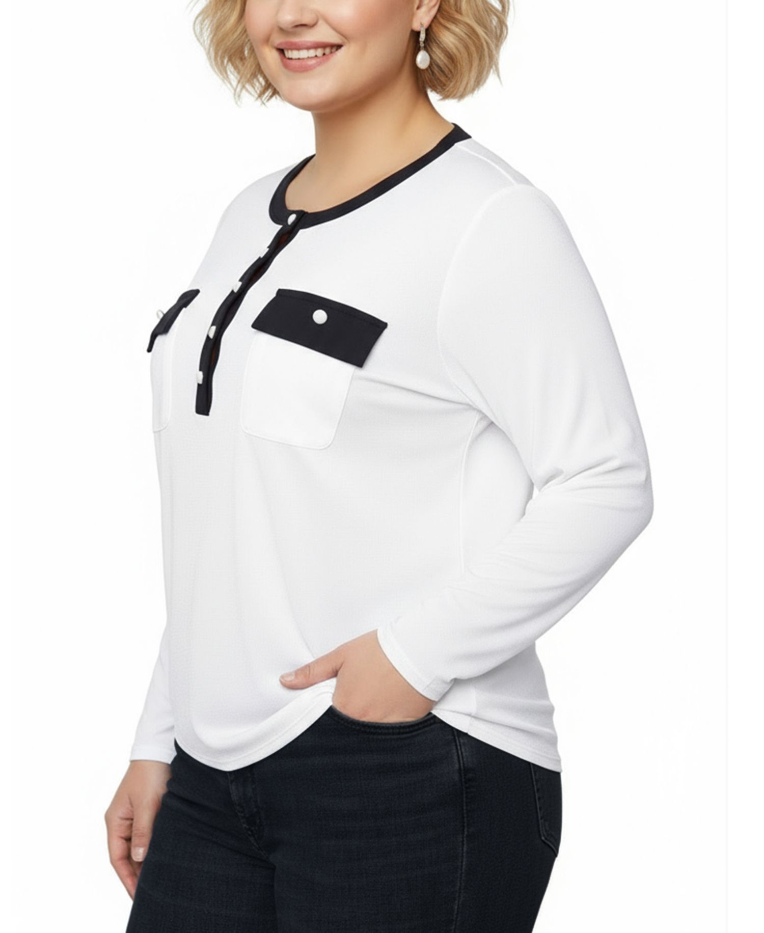 Petite Long Sleeve Contrast Detail Top