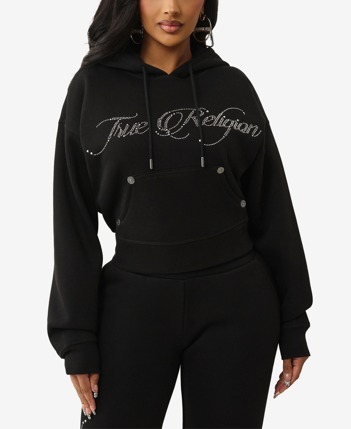 True Religion Rhinestone Logo Crop Hoodie In Black