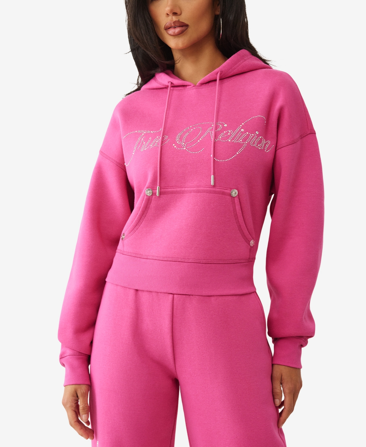 True Religion Women's Cropped Crystal Relaxed Sweatshirt In Pink