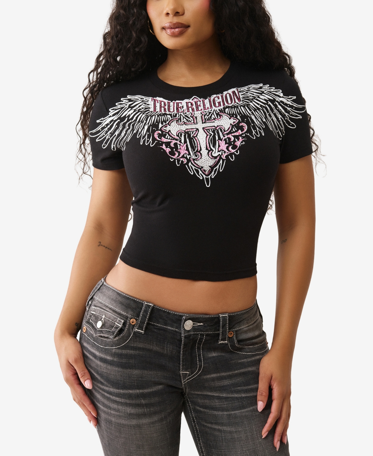 True Religion Women's Ss Crystal Wing Baby T-shirt In Black