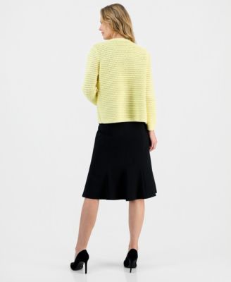 Women's Textured-Stitch Button-Front Cardigan, Printed Satin Sleeveless Blouse & Core Julia Stretch Crepe A-Line Skirt