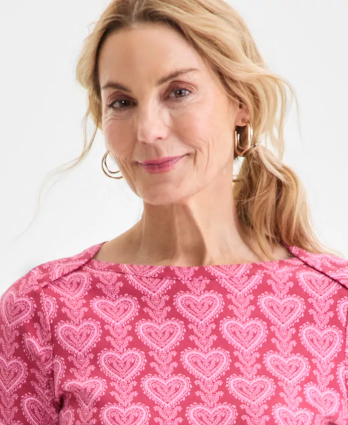 Women's Printed Pima Cotton 3/4 Sleeve Boat-Neck Top - thumbnail 3