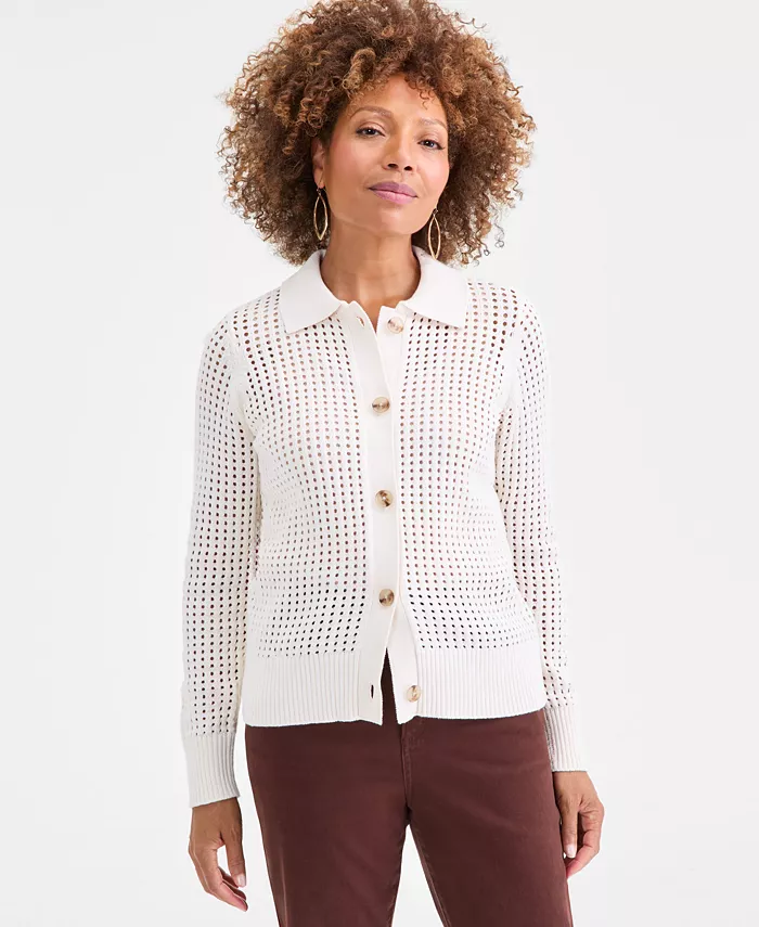 Women's Cotton Open-Stitch Cardigan Sweater