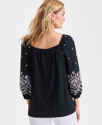 Women's Square-Neck Embroidered Knit Top, Macy's Exclusive