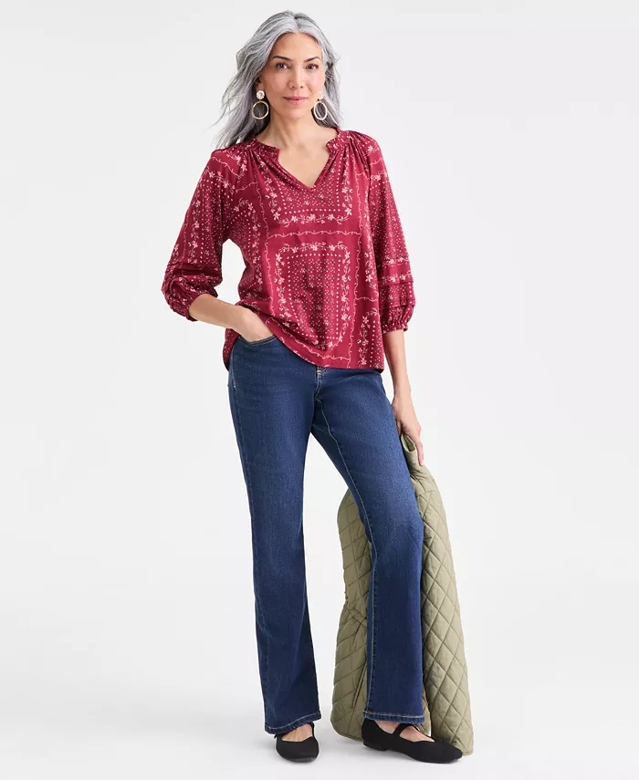 Women's Printed Split-Neck Smocked Knit Top - thumbnail 2