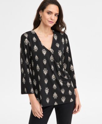 JM Collection - Women's Dani Geo-Print 3/4-Sleeve Surplice Top