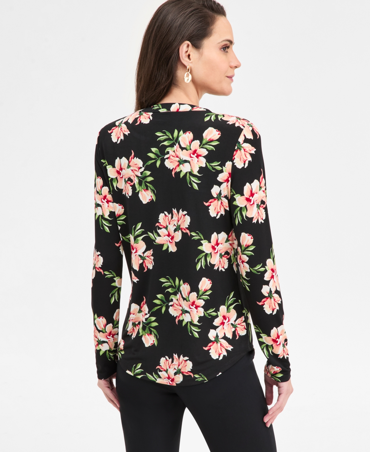 Jm Collection Petite Audra Floral Long-Sleeve Zipper Top, Macy's Exclusive