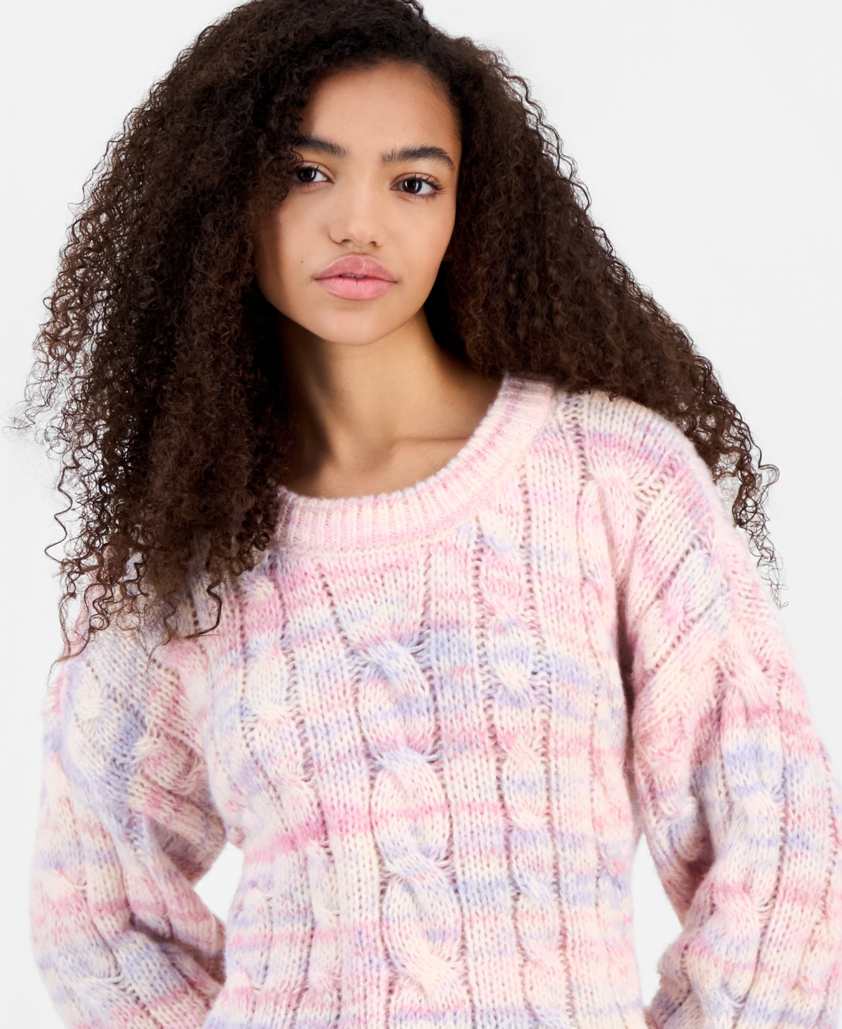 Hippie Rose Juniors' Chunky Cable-knit Crewneck Sweater In Pink