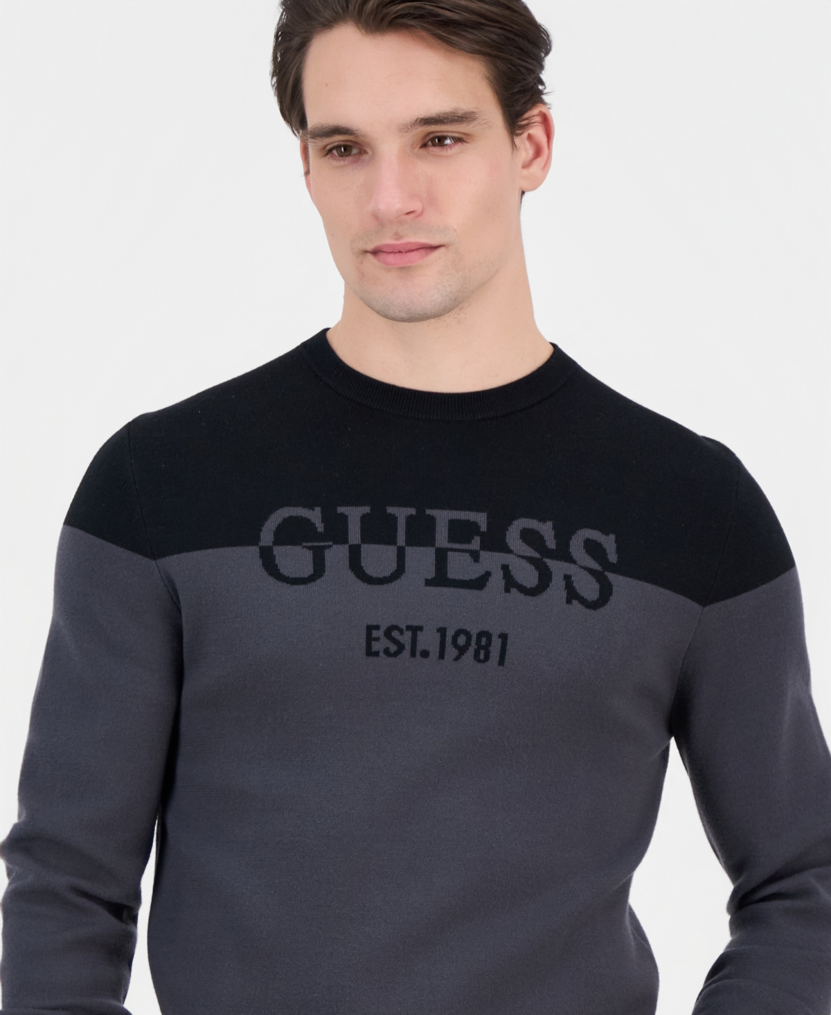Guess Men's Kantu Two-Tone Crewneck Logo Sweater