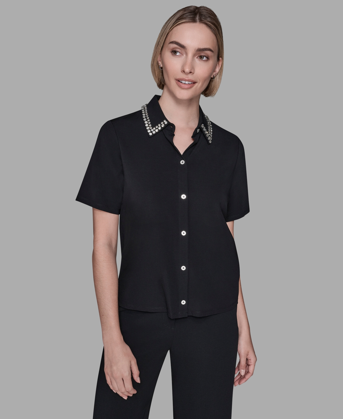 Karl Lagerfeld Women's Luxe Jeweled Short-sleeve Knit Shirt In Black