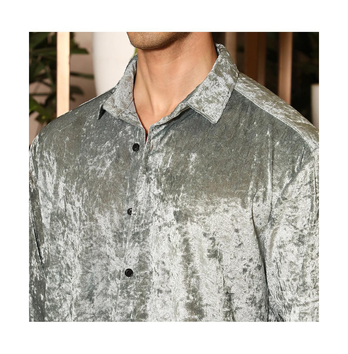 Campus Sutra Men's Sage Green Solid Velvet Shirt
