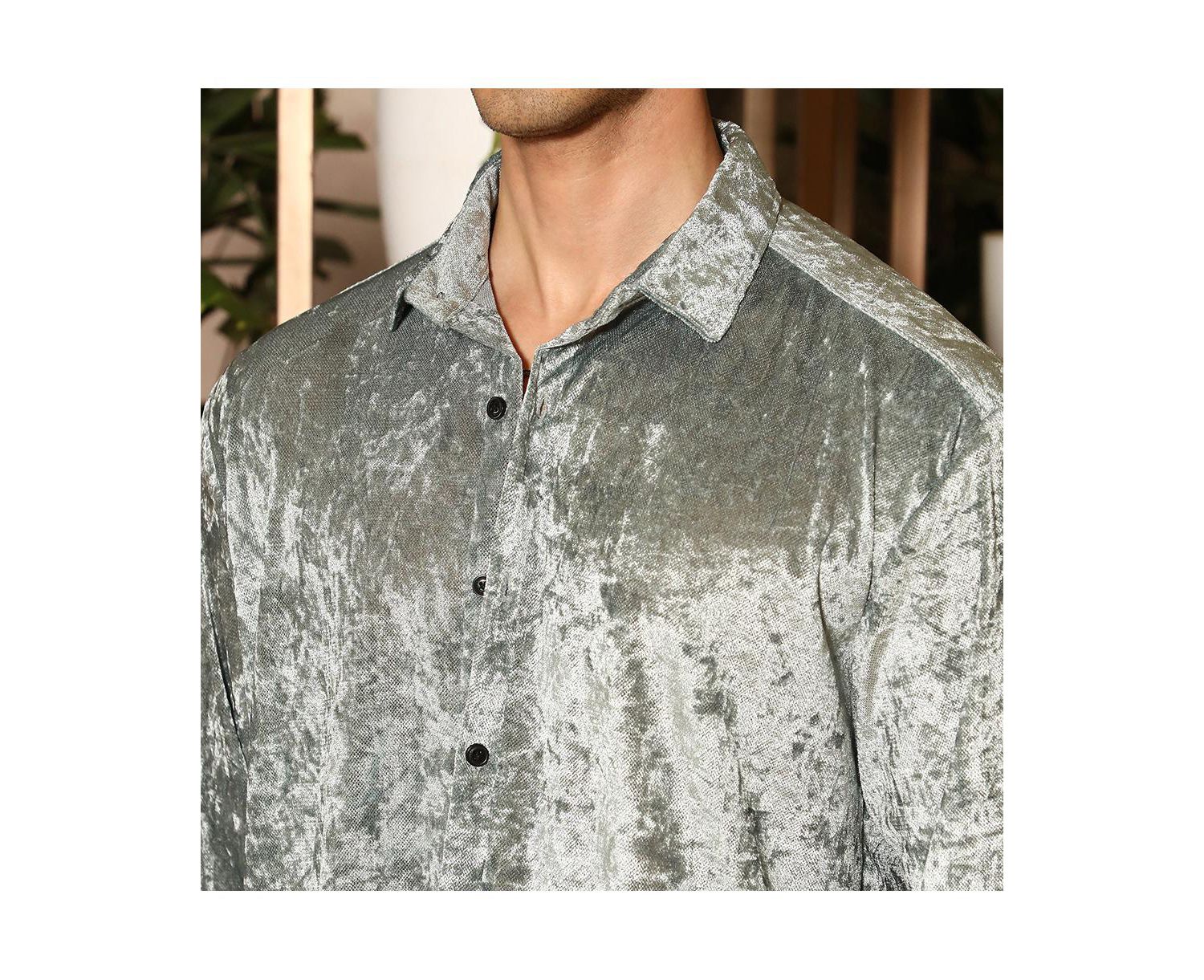 Men's Sage Green Solid Velvet Shirt