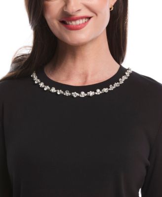 Petite Embellished Neck Long Sleeve Top