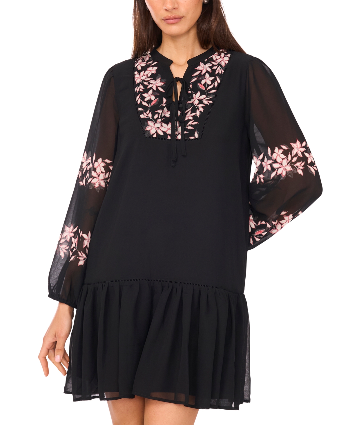 Msk Women's Long-Sleeve with Ties Pull-On Babydoll Dress