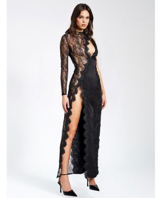 Women's Weslyn Black Satin Lace High Slit Dress