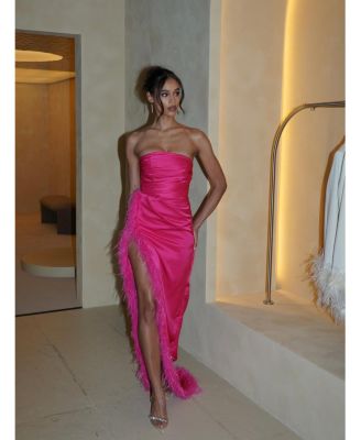 Women's Perrin Fuchsia Pink Feather Dress High Slit Gown