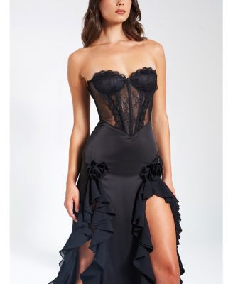 Women's Talia Black Satin Lace Corset Maxi Dress