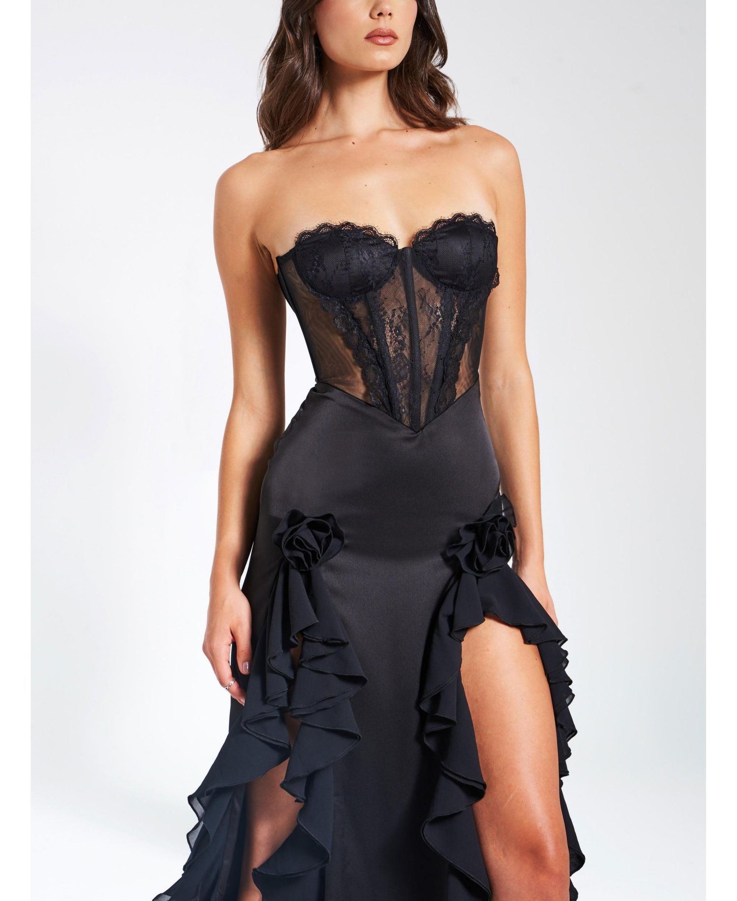 Women's Talia Black Satin Lace Corset Maxi Dress
