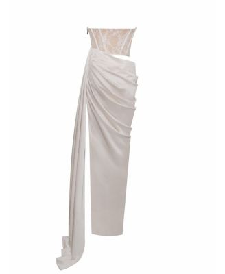 Women Callie Pearl White Lace Satin Corset High Slit Gown