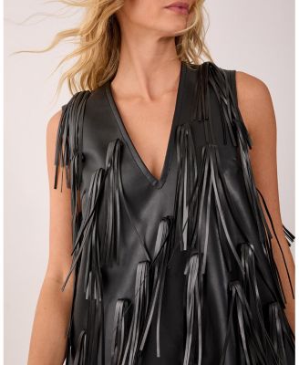 Women's Faux Leather Tassel Plunge Mini Dress
