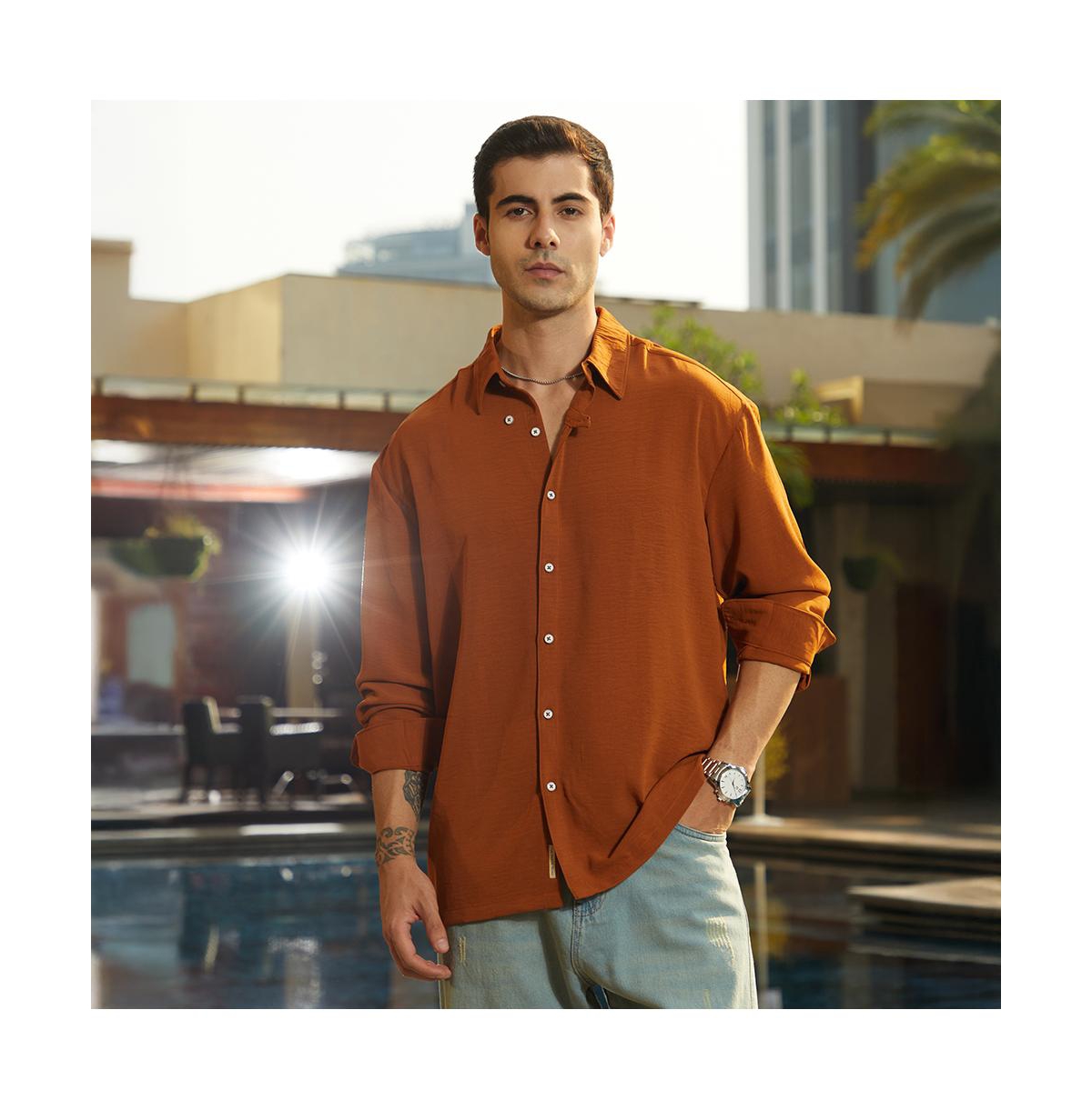 Campus Sutra Men's Rust Orange Breezy Wrinked Shirt