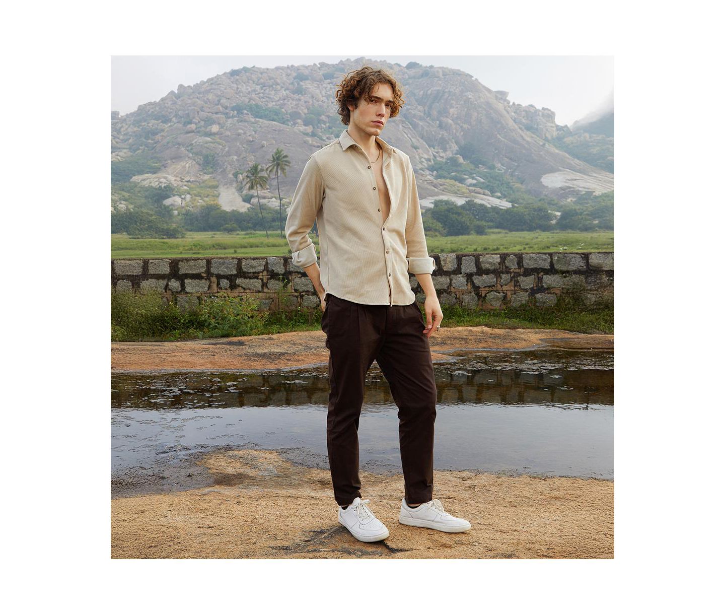 Мужская рубашка Cahoot Campus Sutra Saltbox Beige Solid Knit, цвет: Бежевый — фото 5