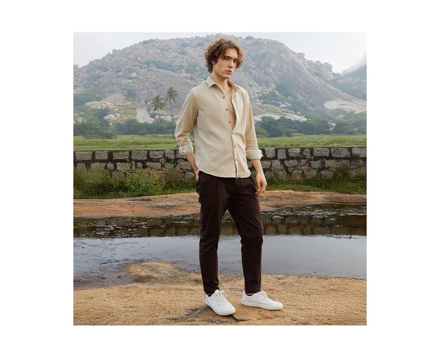 Men's Saltbox Beige Solid Knit Shirt