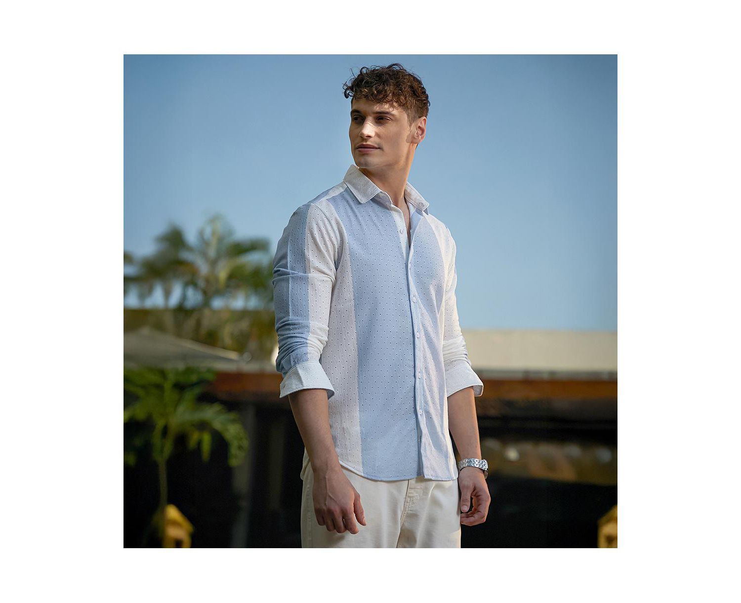 Men's Powder Blue & Daisy White Panel-Tactile Shirt