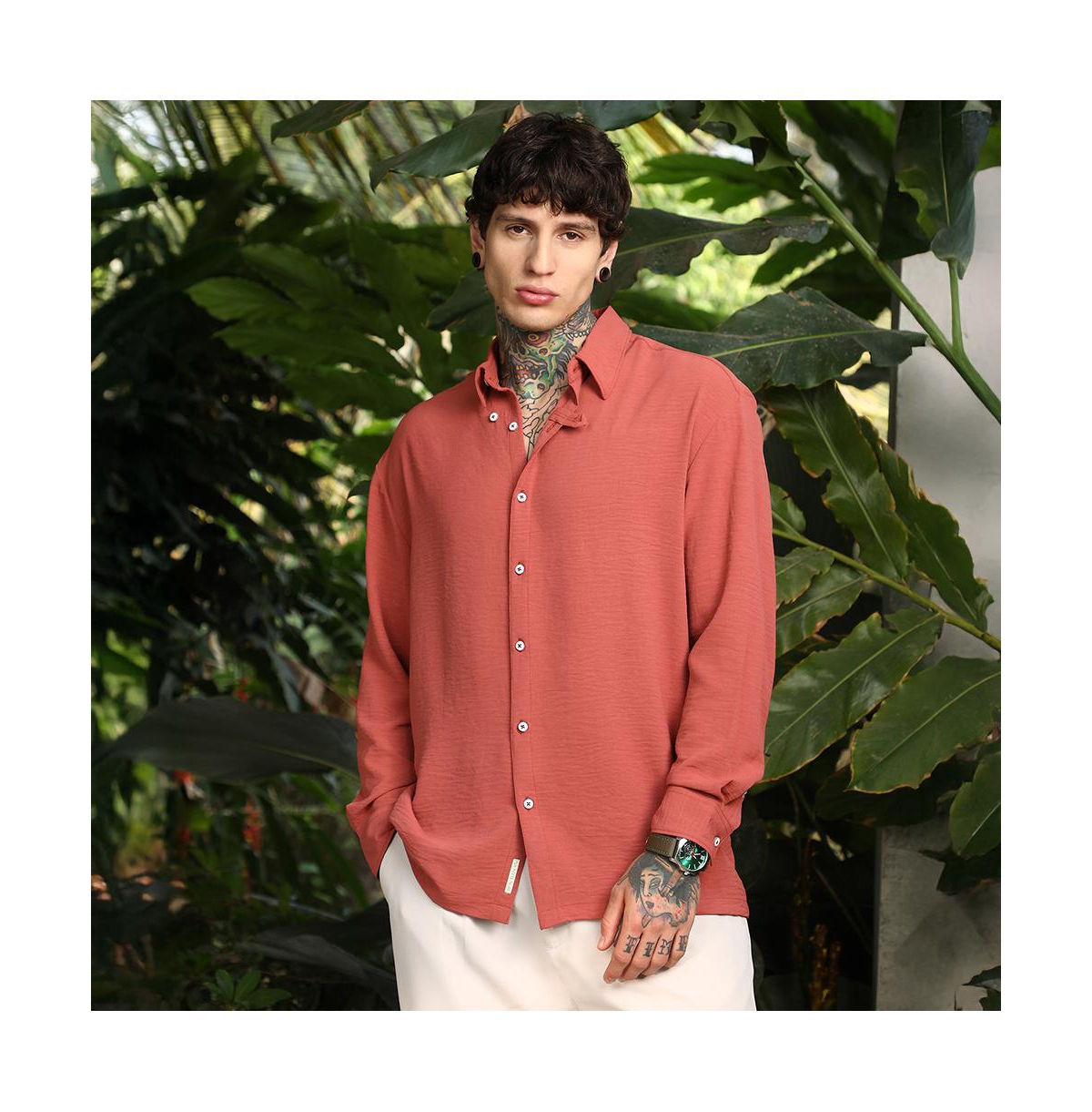Campus Sutra Men's Coral Orange Breezy Wrinked Shirt