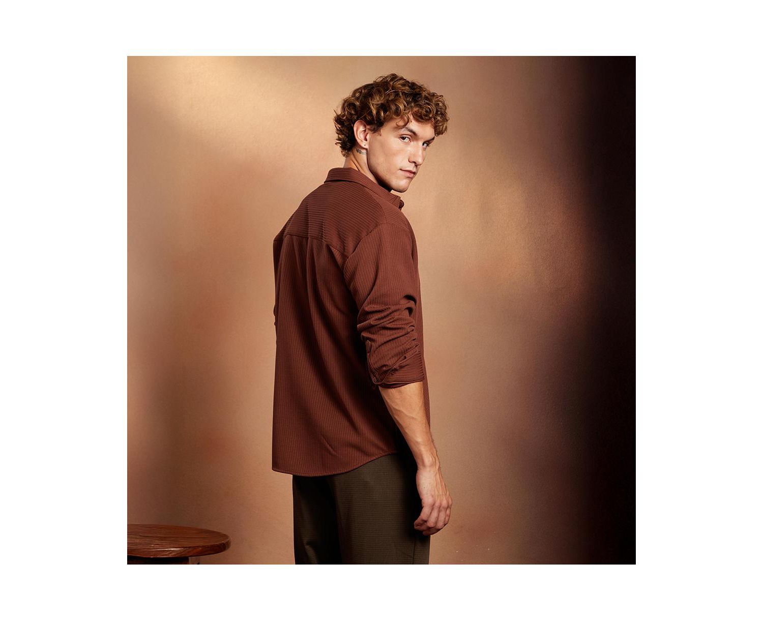 Men's Chocolate Brown Block-Patch Oversized Shirt