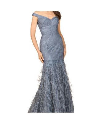 Women's Off Shoulder Mermaid Beaded Gown with Feathers